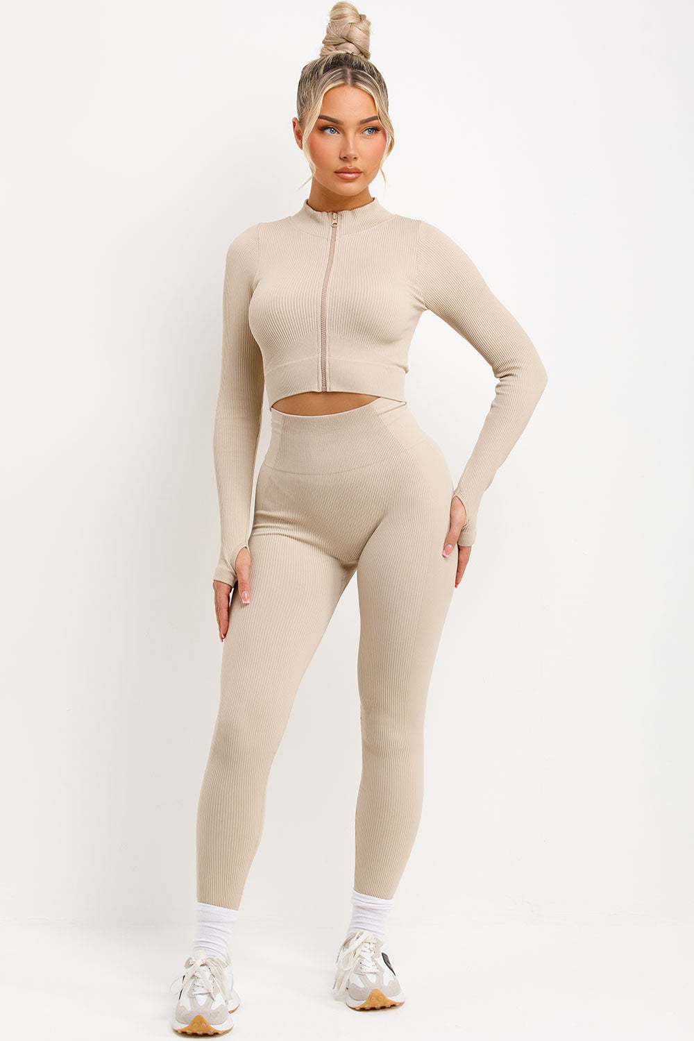 womens ribbed ruched bum leggings and zip up long sleeve activewear top