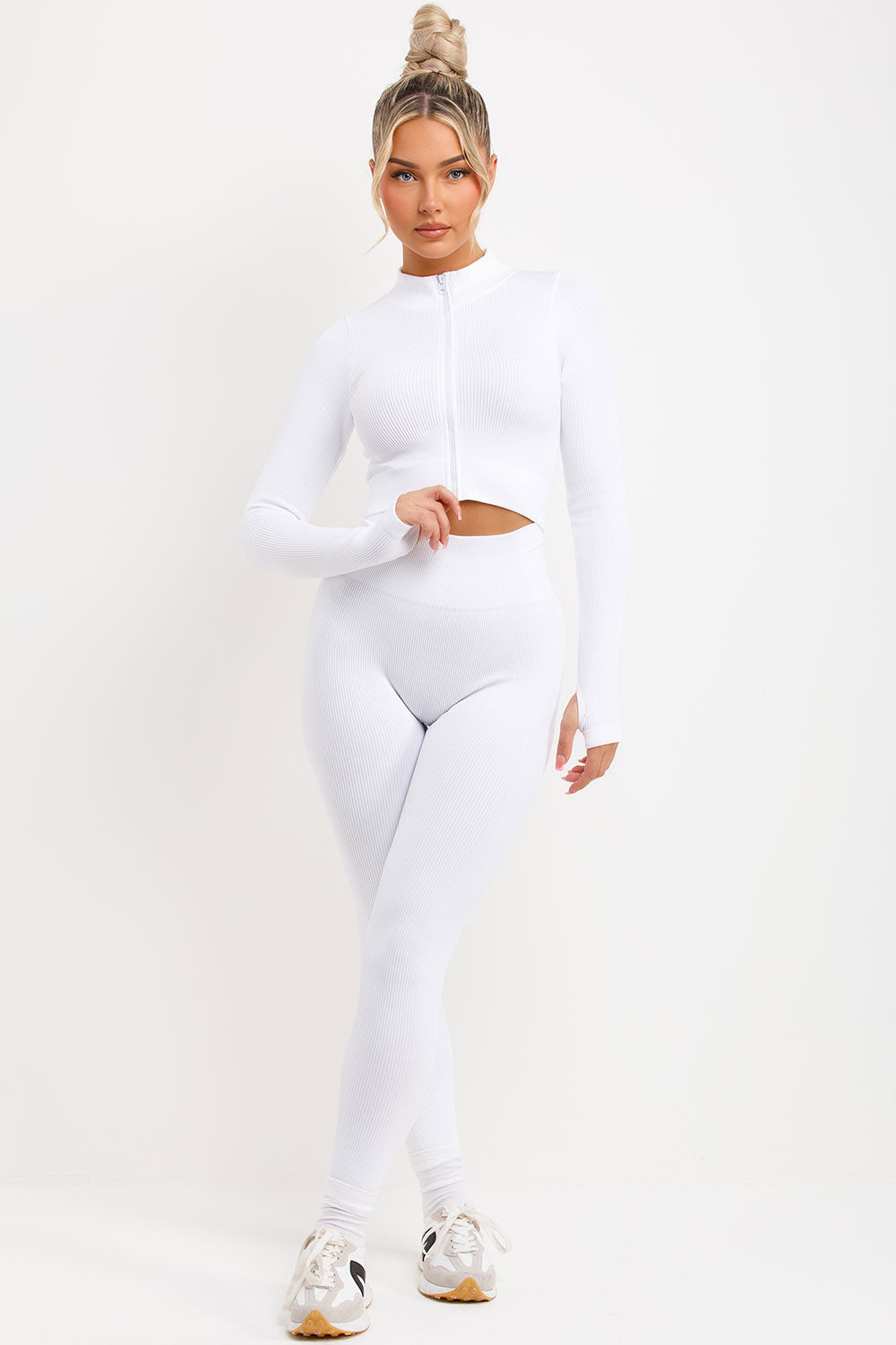 womens zip up long sleeve ribbed top and ruched bum high waisted leggings
