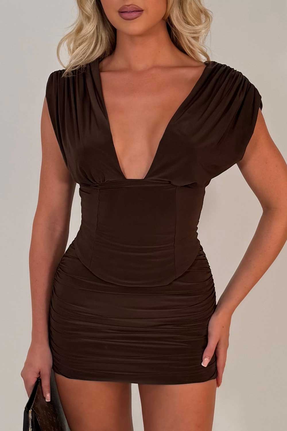 brown plunge neck mini dress with corset detail christmas party night out outfit uk styledup