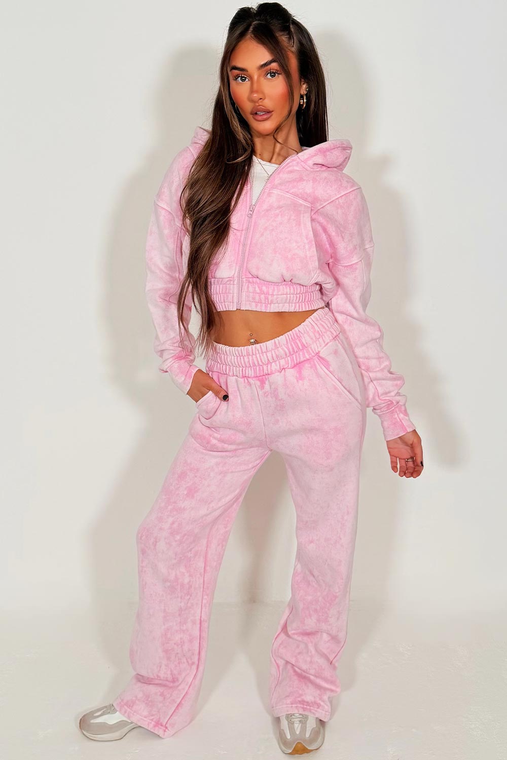 womens crop zip up hoodie and wide leg joggers tracksuit set pink styledup
