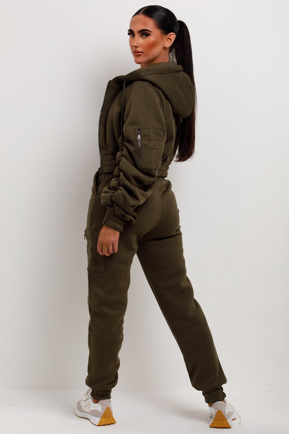 womens ruched sleeve crop hoodie and joggers co ord set