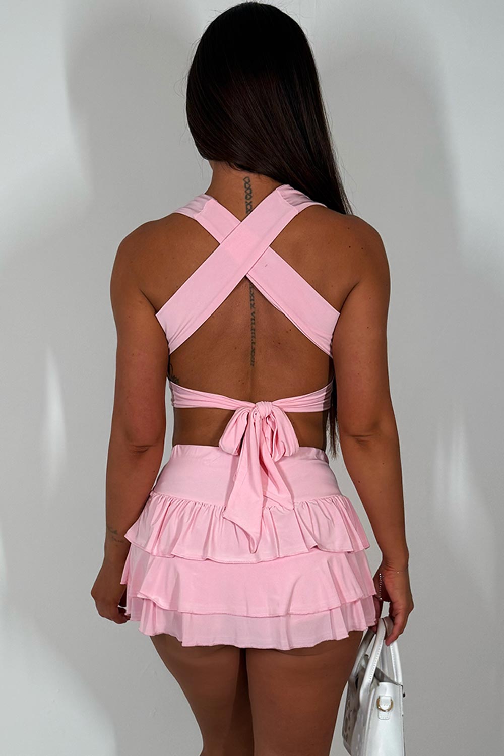 backless halter neck crop top and ruffle skirt two piece co ord set styledup