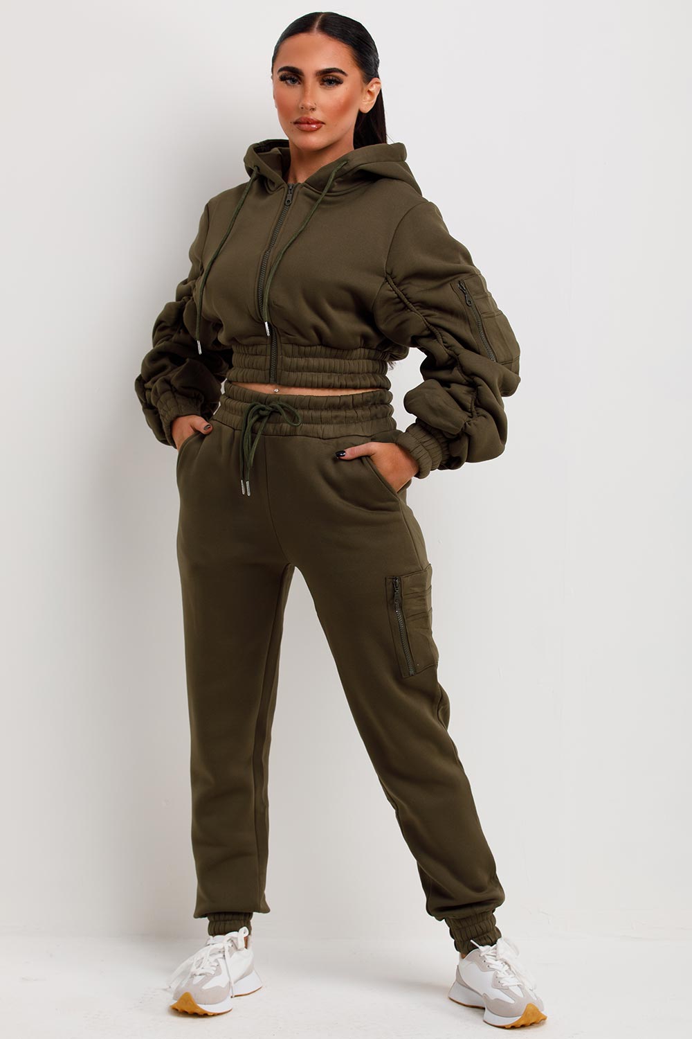 womens ruched sleeve hoodie and joggers loungewear set