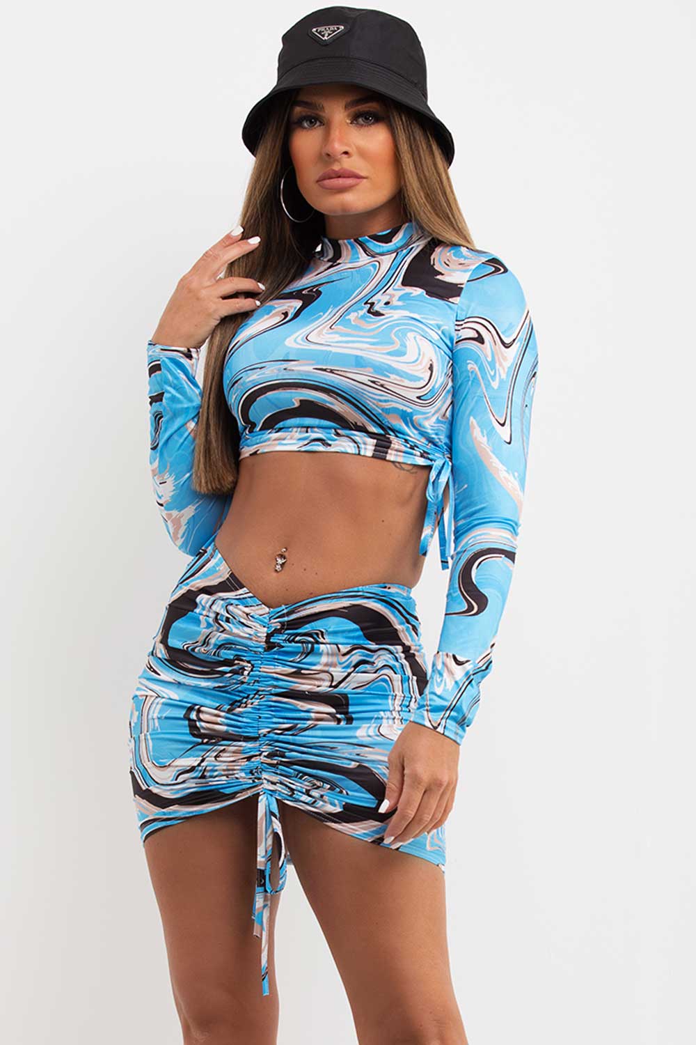 ruched mini skirt and top co ord