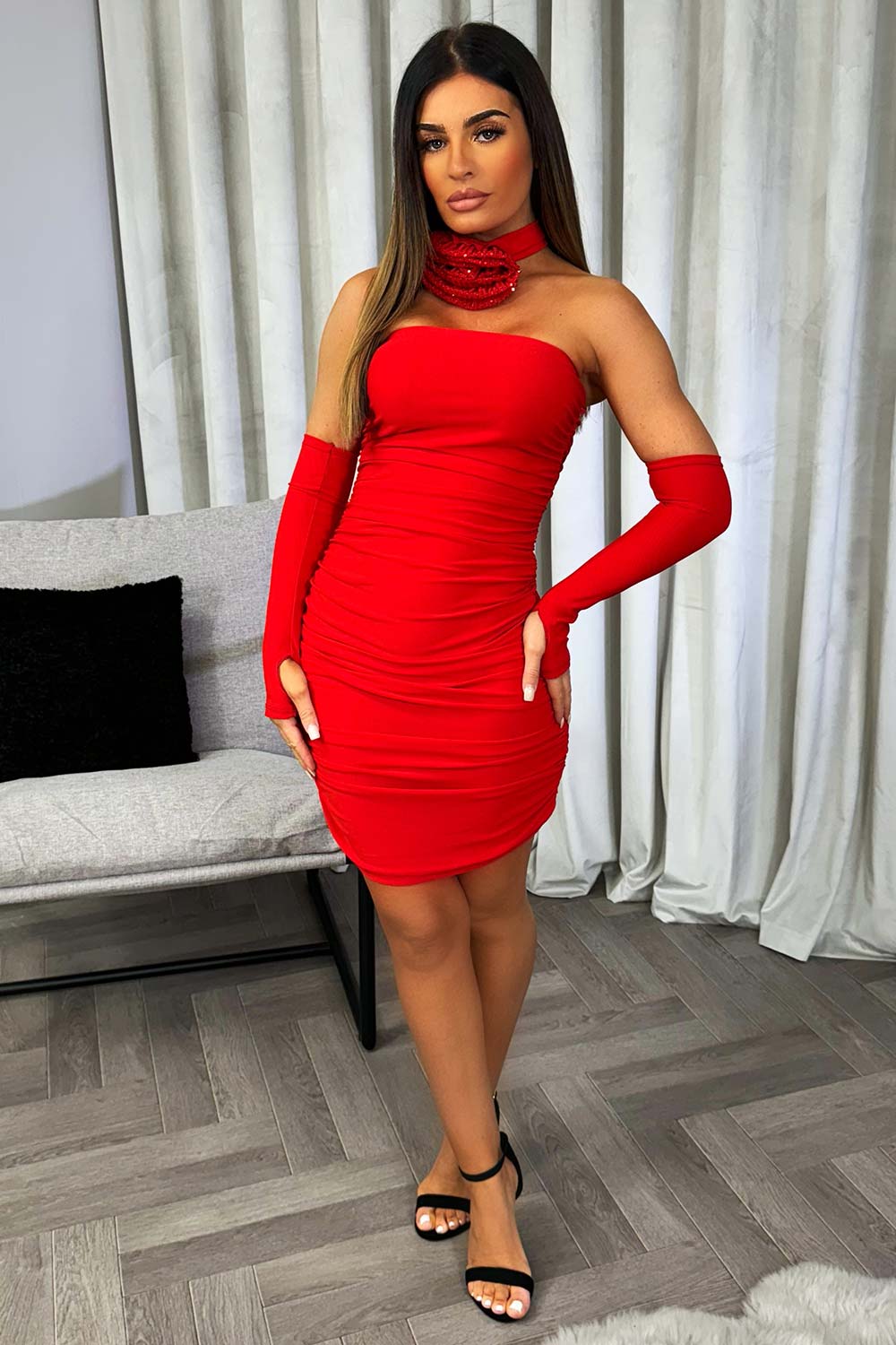 sequin sparkly choker bandeau bodycon ruched dress going out party outfit