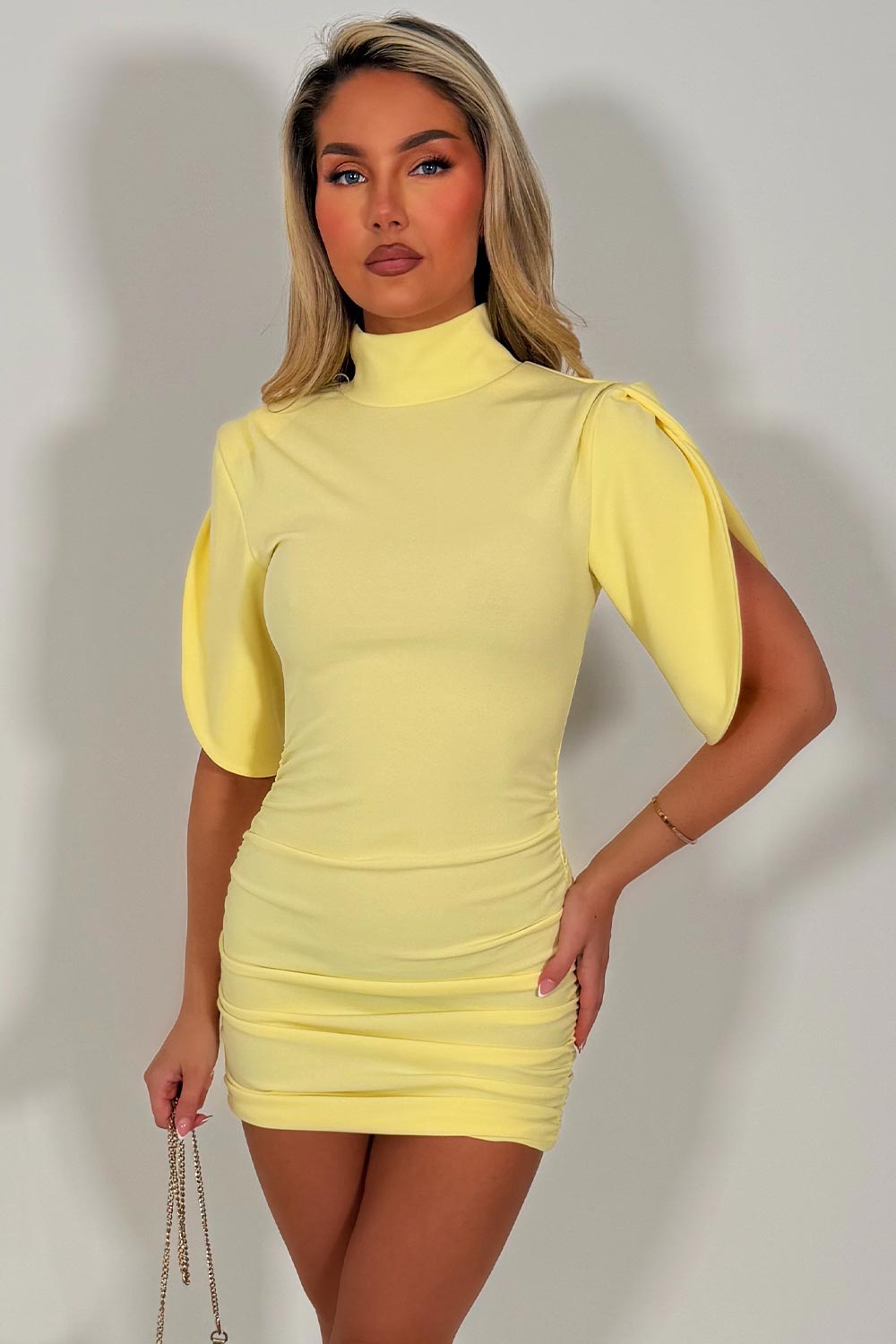 going out mini dress with shorts sleeves high neck occasion outfit styledup fashion