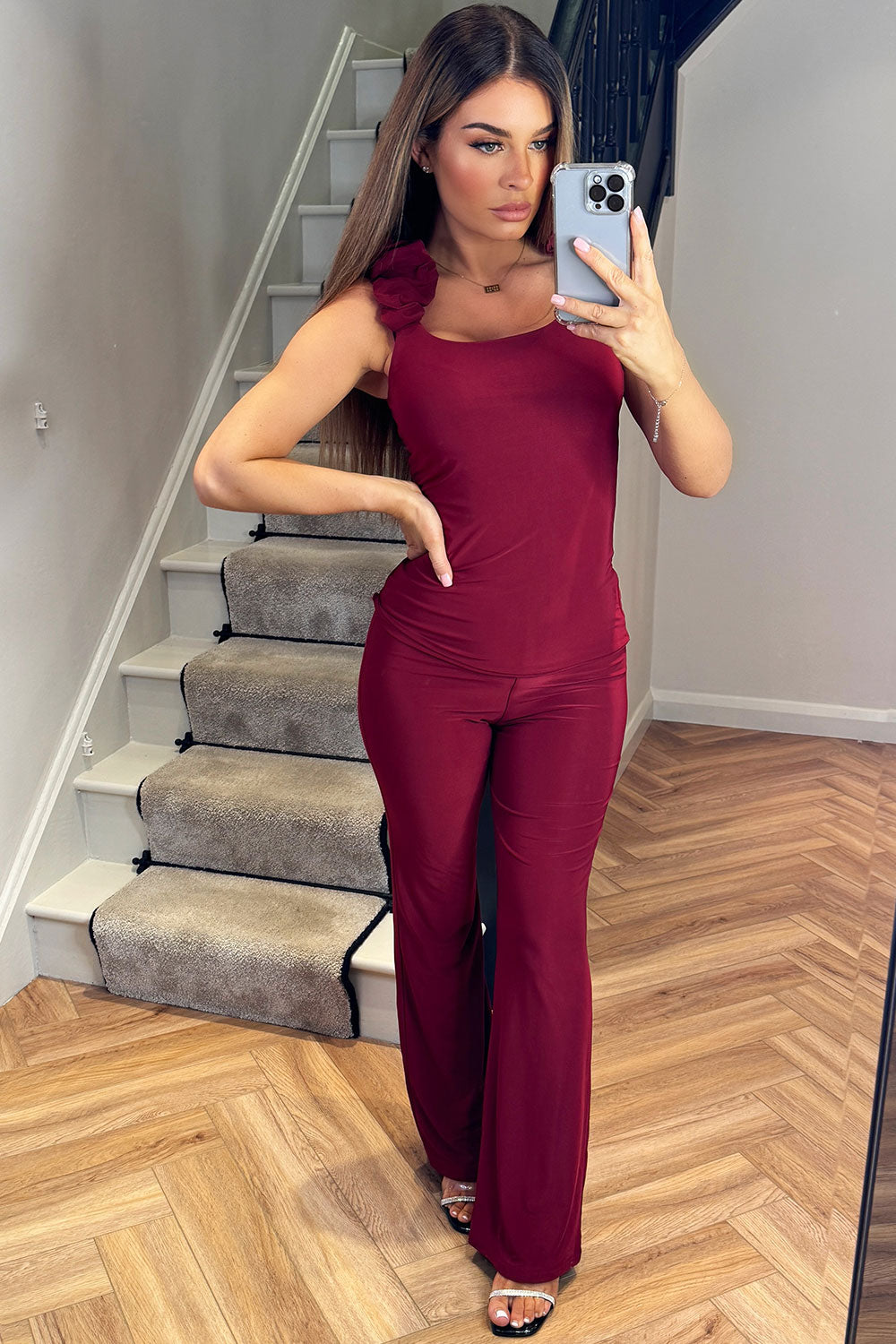 burgundy ruched gathered shoulder double lined top and skinny flare trousers two piece christmas party going out outfit wine red