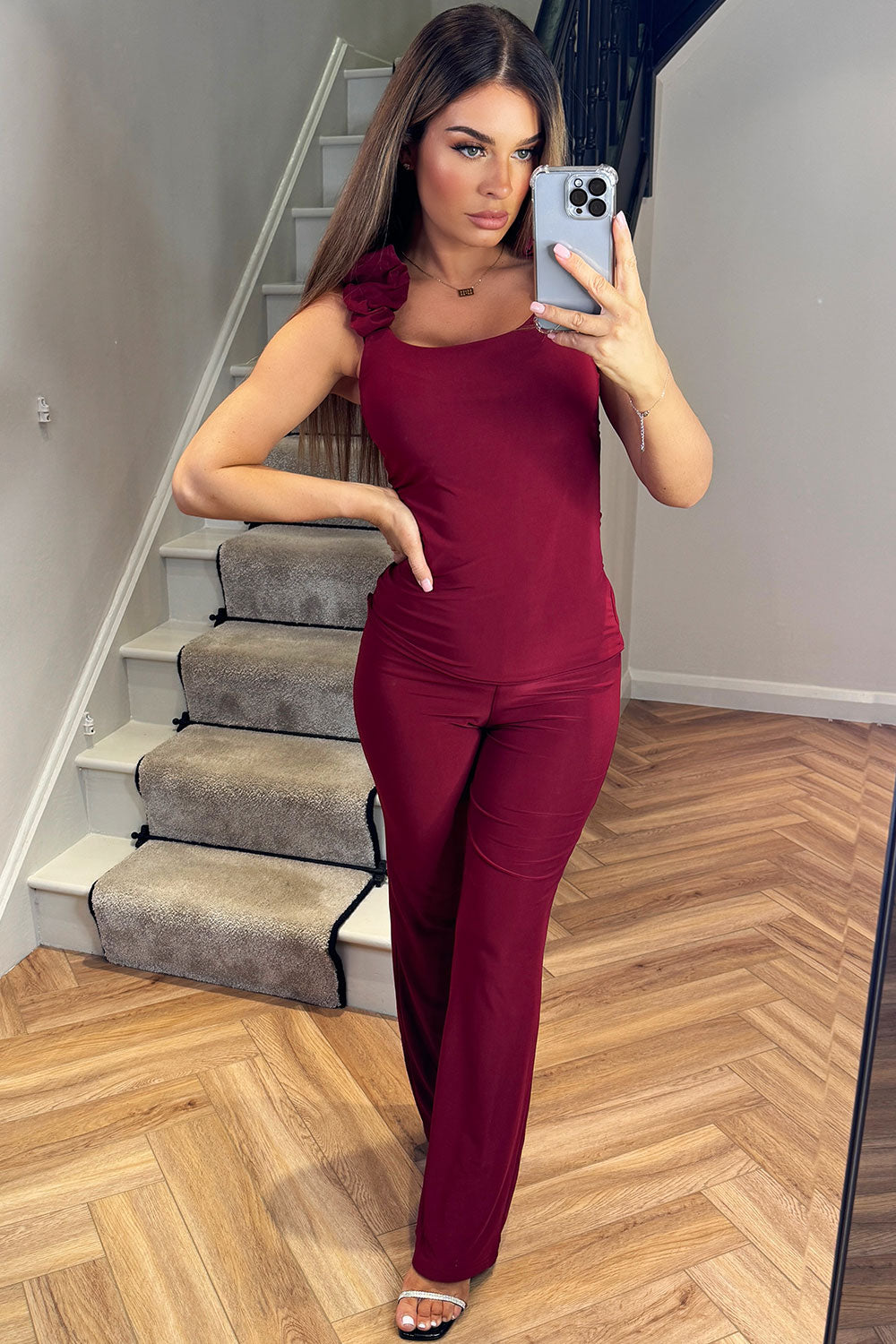 womens double lined top and straight leg trousers two piece set christmas party outfit