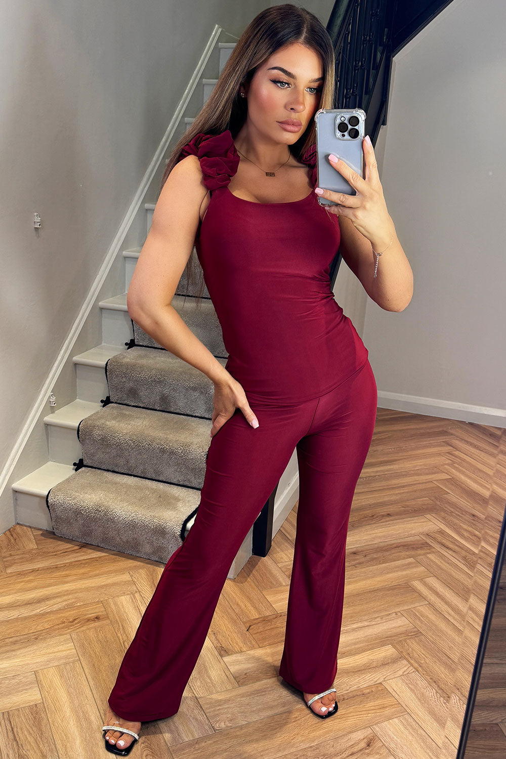 womens burgundy top and trousers two piece set with ruched gathered detail double lined going out christmas party outfit