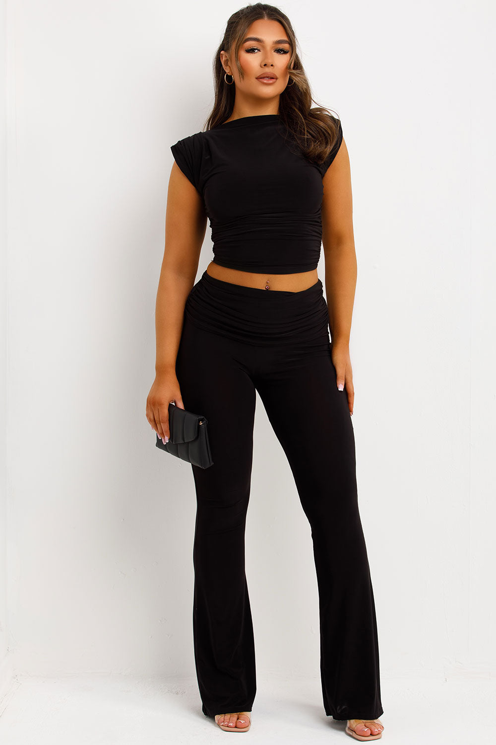 fold over flare trousers and top two piece matching outfit set styledup