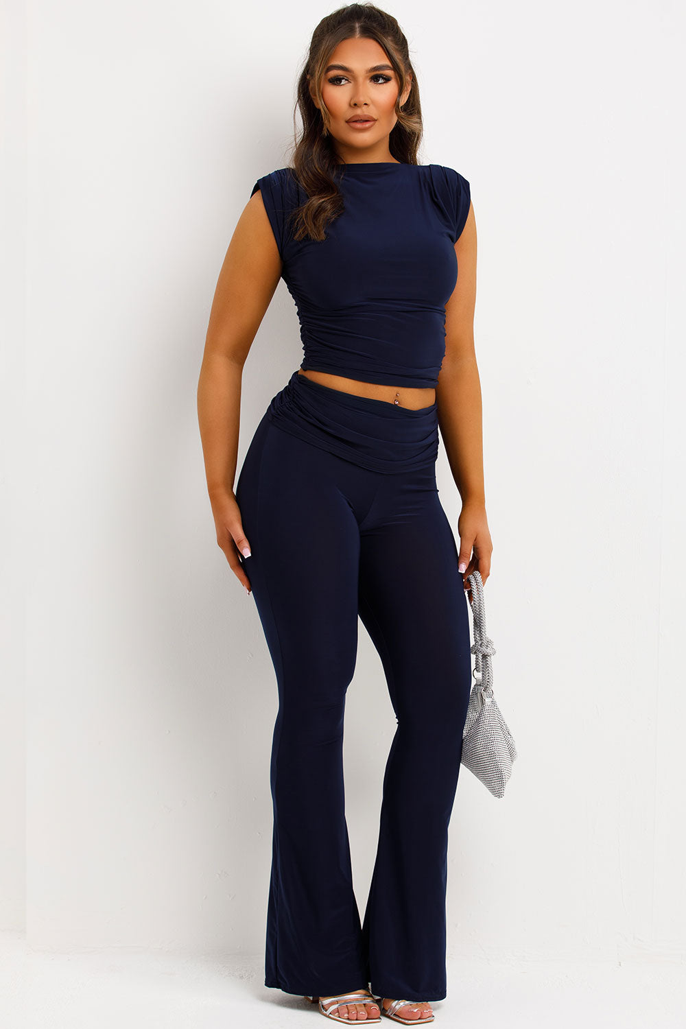 Fold Over Flared Trouser And Ruched Cap Sleeve Top Set Navy