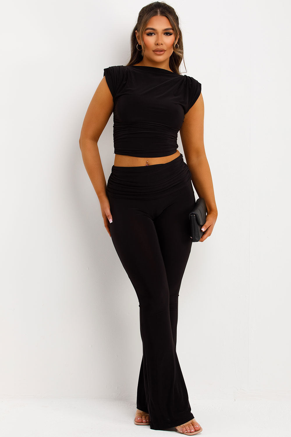 slinky flare trousers and cap sleeve ruched top going out occasion outfit set for womens