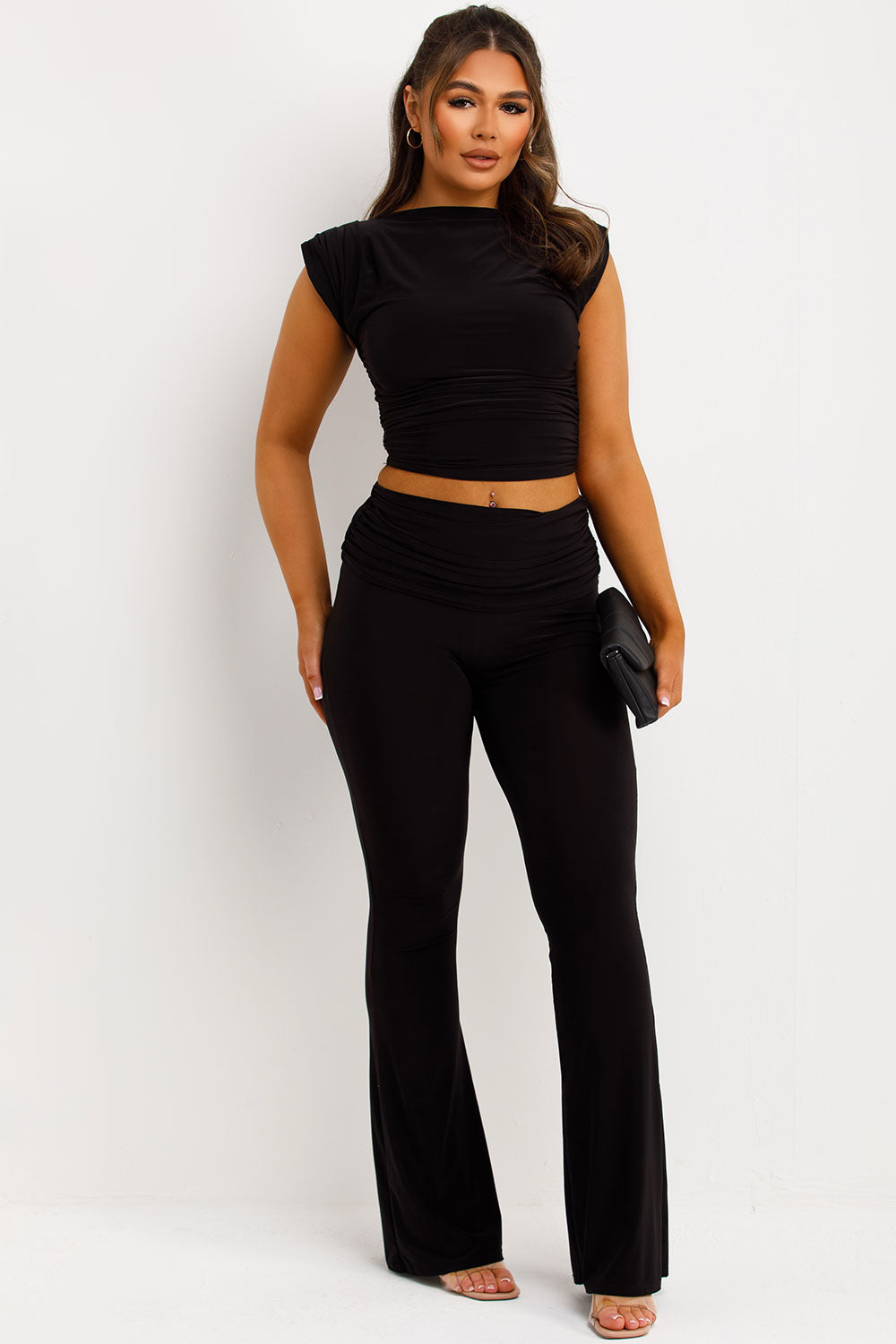 fold over slinky flare trousers and cap sleeve top co ord set matching outfit