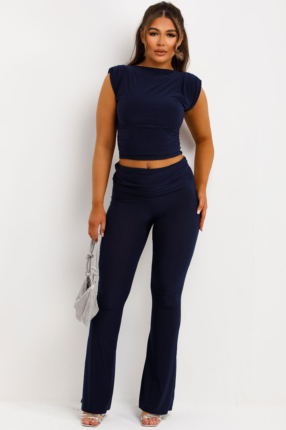 Fold Over Flared Trouser And Ruched Cap Sleeve Top Set Navy