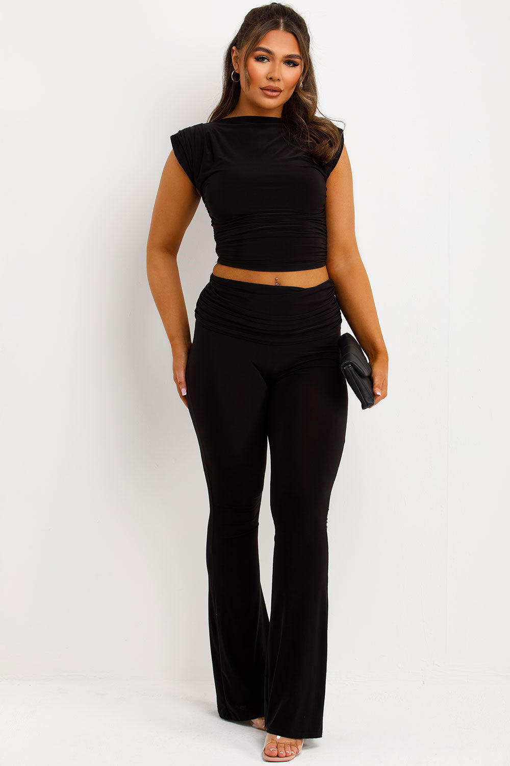 fold over flare trousers and top co ord set going out occasion outfit styledup