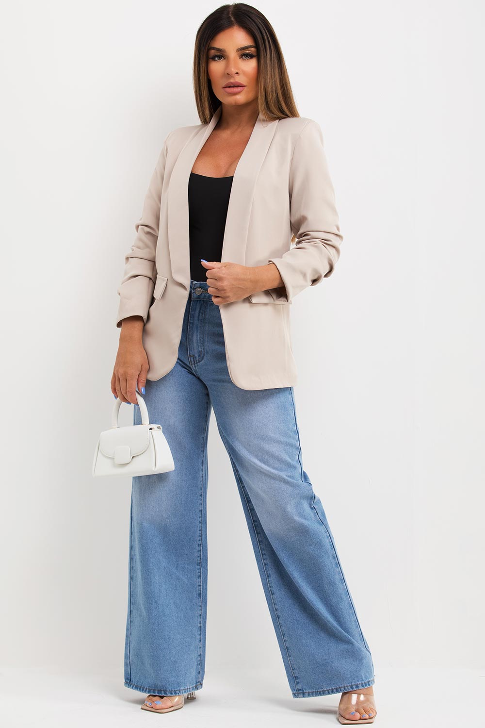 womens ruched sleeve blazer jacket sale uk