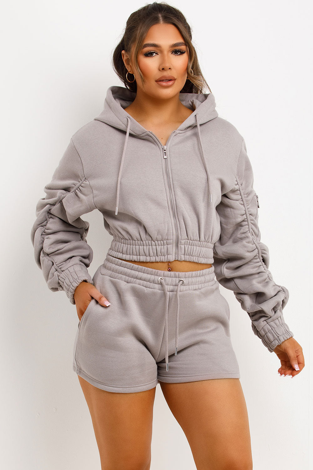ruched sleeve crop zip hoodie and short tracksuit summer lounge set womens airport outfit