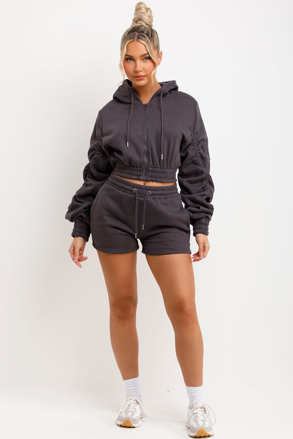 short tracksuit womens crop zip hoodie with ruched sleeves and shorts two piece set