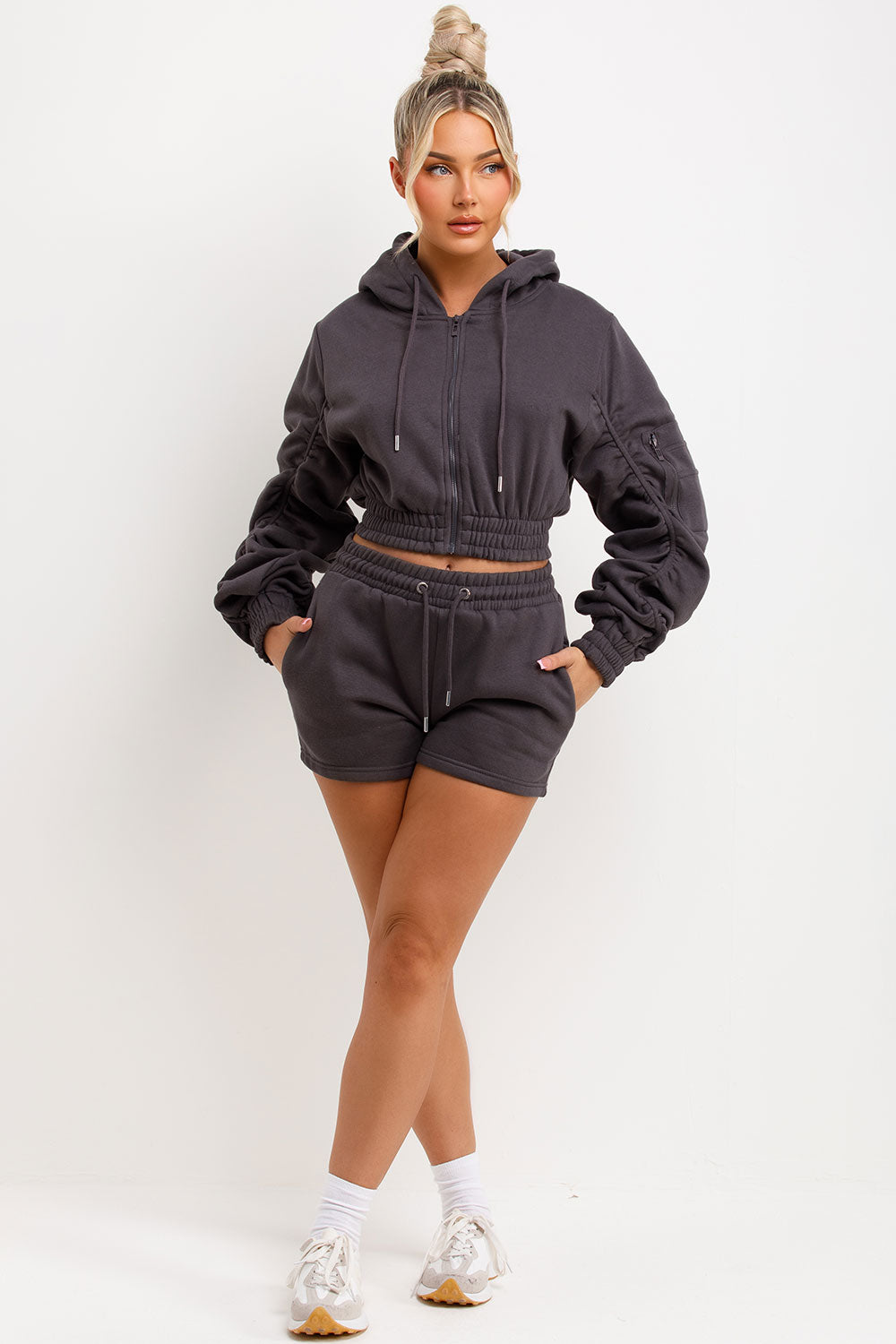womens runner shorts and crop zip hoodie with ruched sleeves tracksuit set