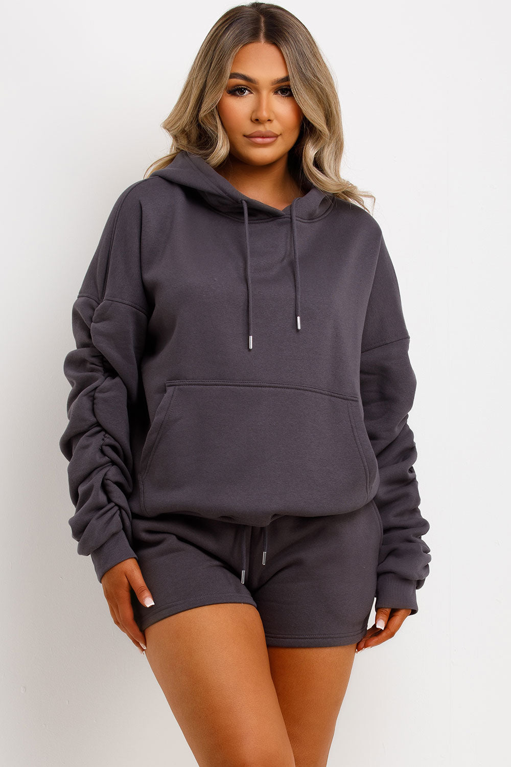 womens short tracksuit oversized ruched sleeve hoodie and shorts lounge set airport outfit