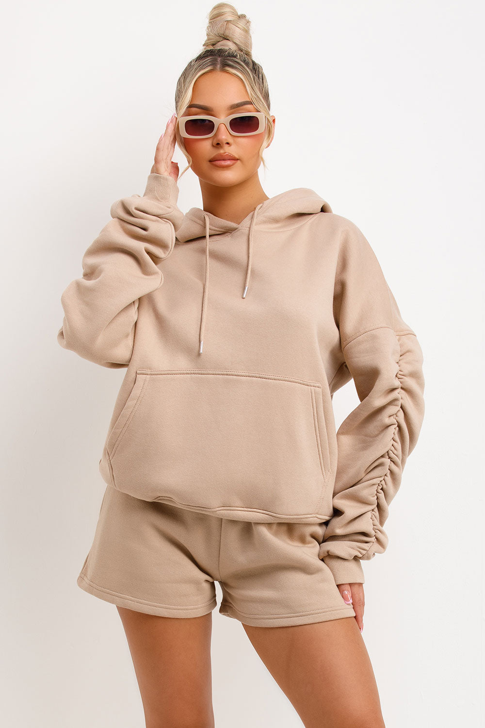 short and hoodie tracksuit loungewear womens airport outfit