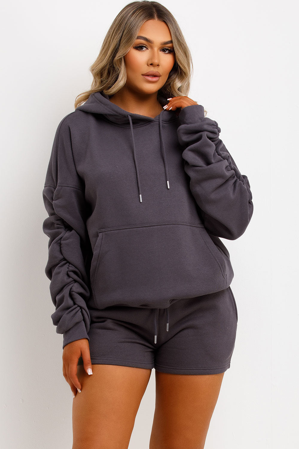 womens ruched sleeve hoodie and shorts tracksuit lounge set airport outfit