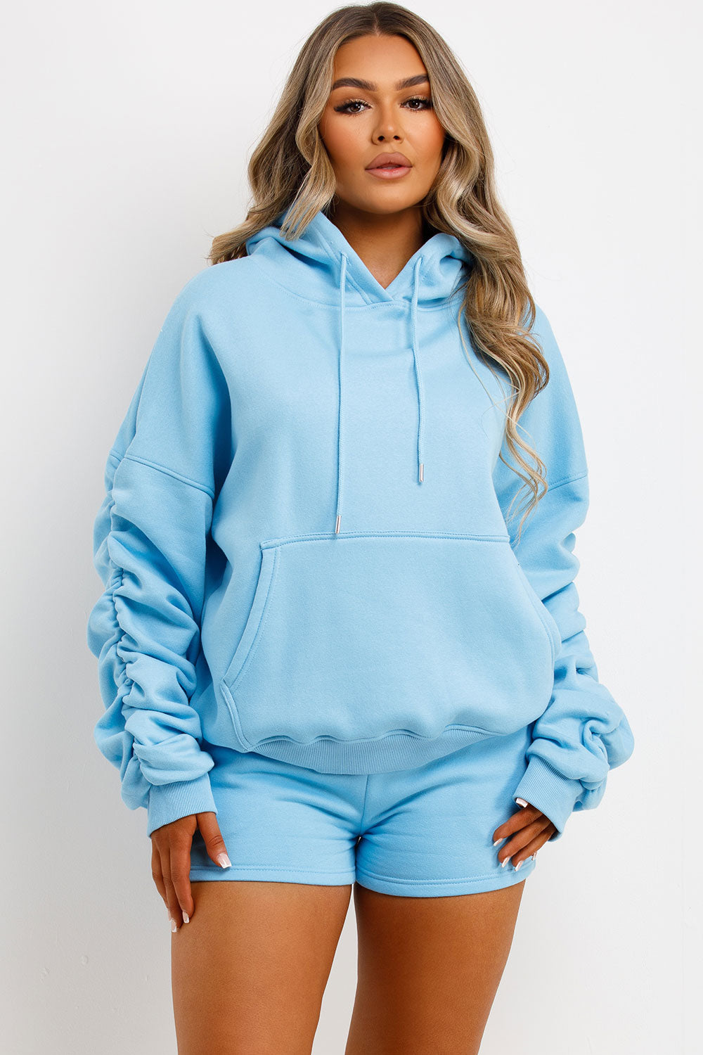 short and hoodie tracksuit loungewear womens airport outfit