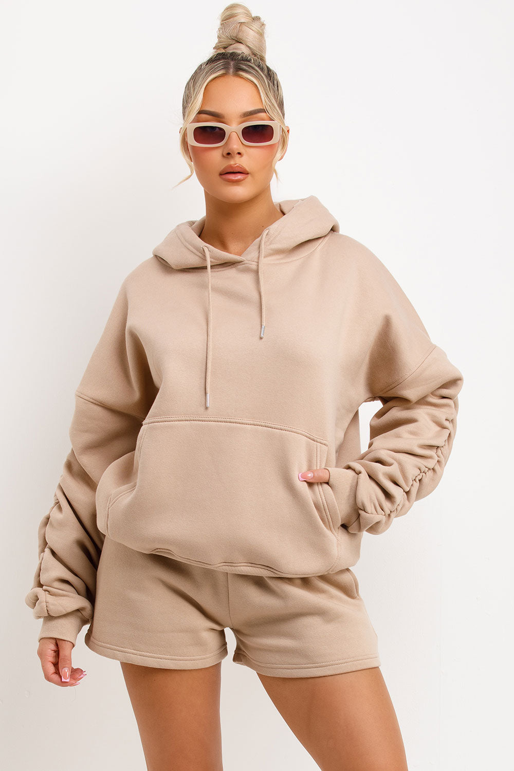 womens shorts and hoodie tracksuit lounge set airport outfit