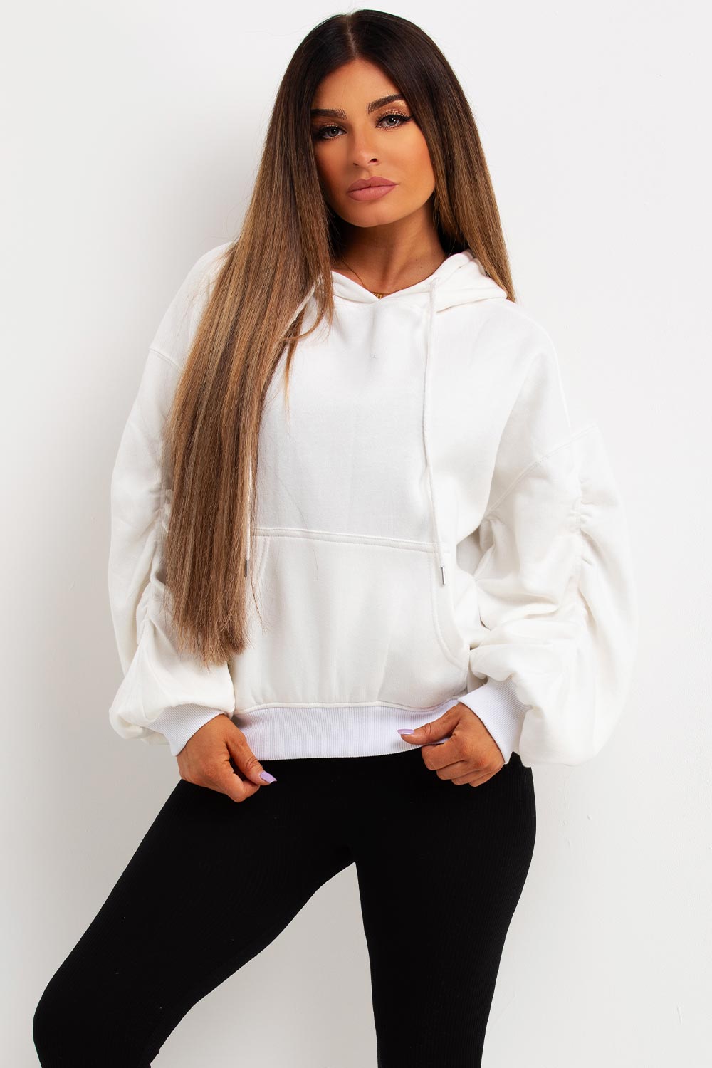 womens hooded sweathsirt with ruched gathered sleeves uk sale
