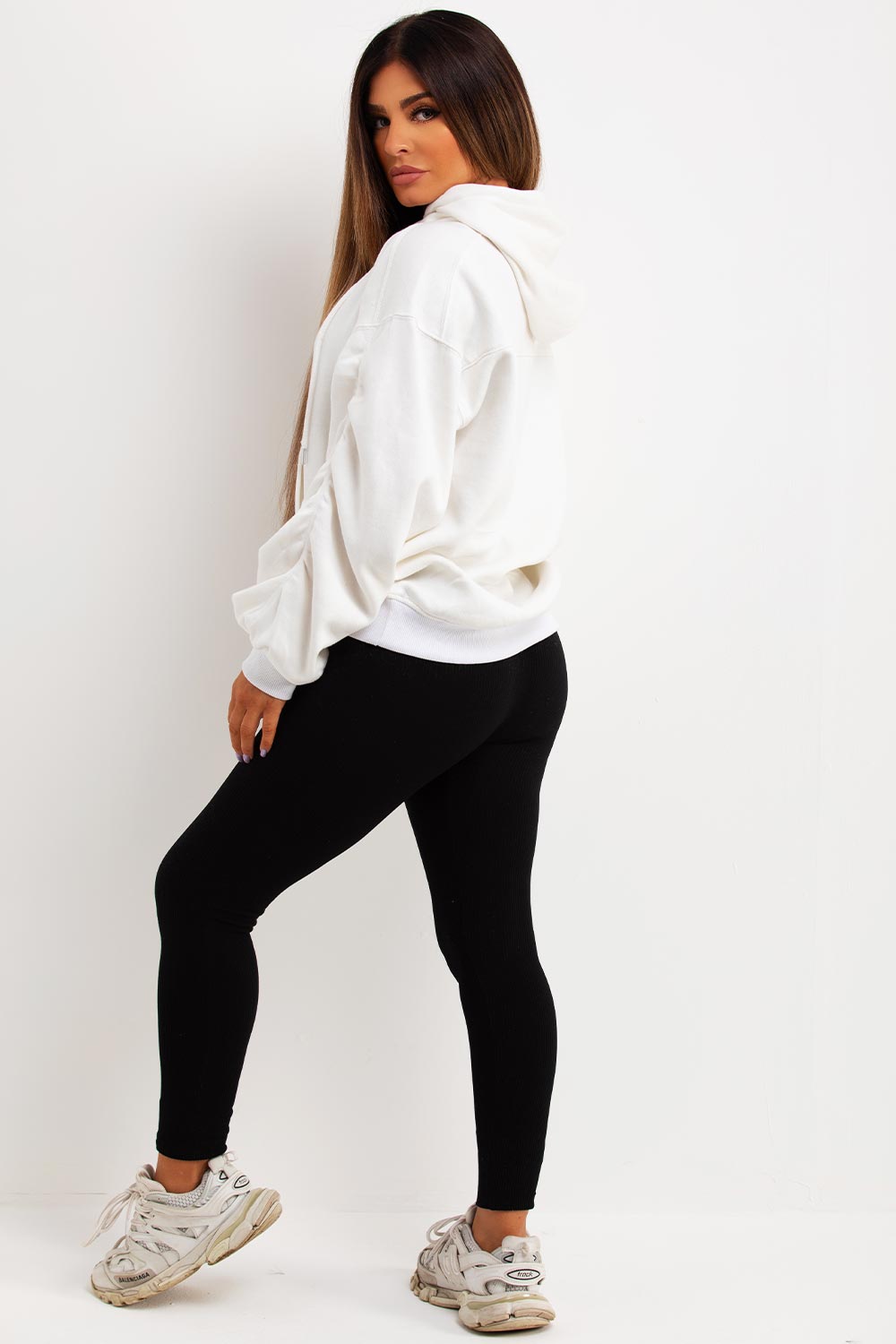 womens oversized hoodie with ruched gathered sleeves