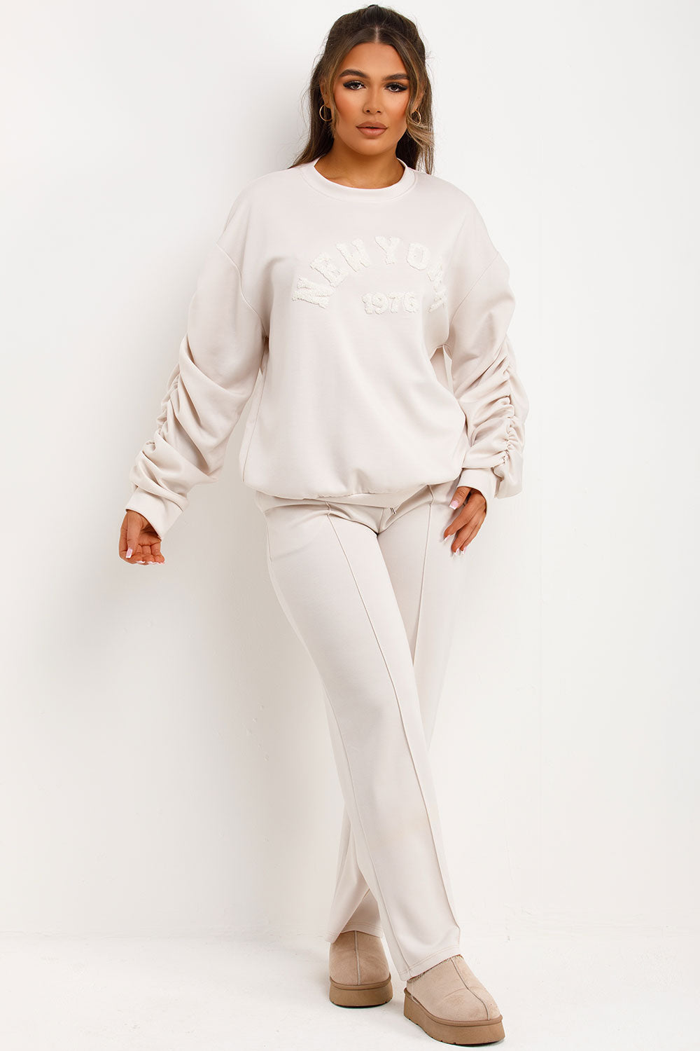oatmeal ruched sleeve sweatshirt and trousers loungewear set with new york towelling detail