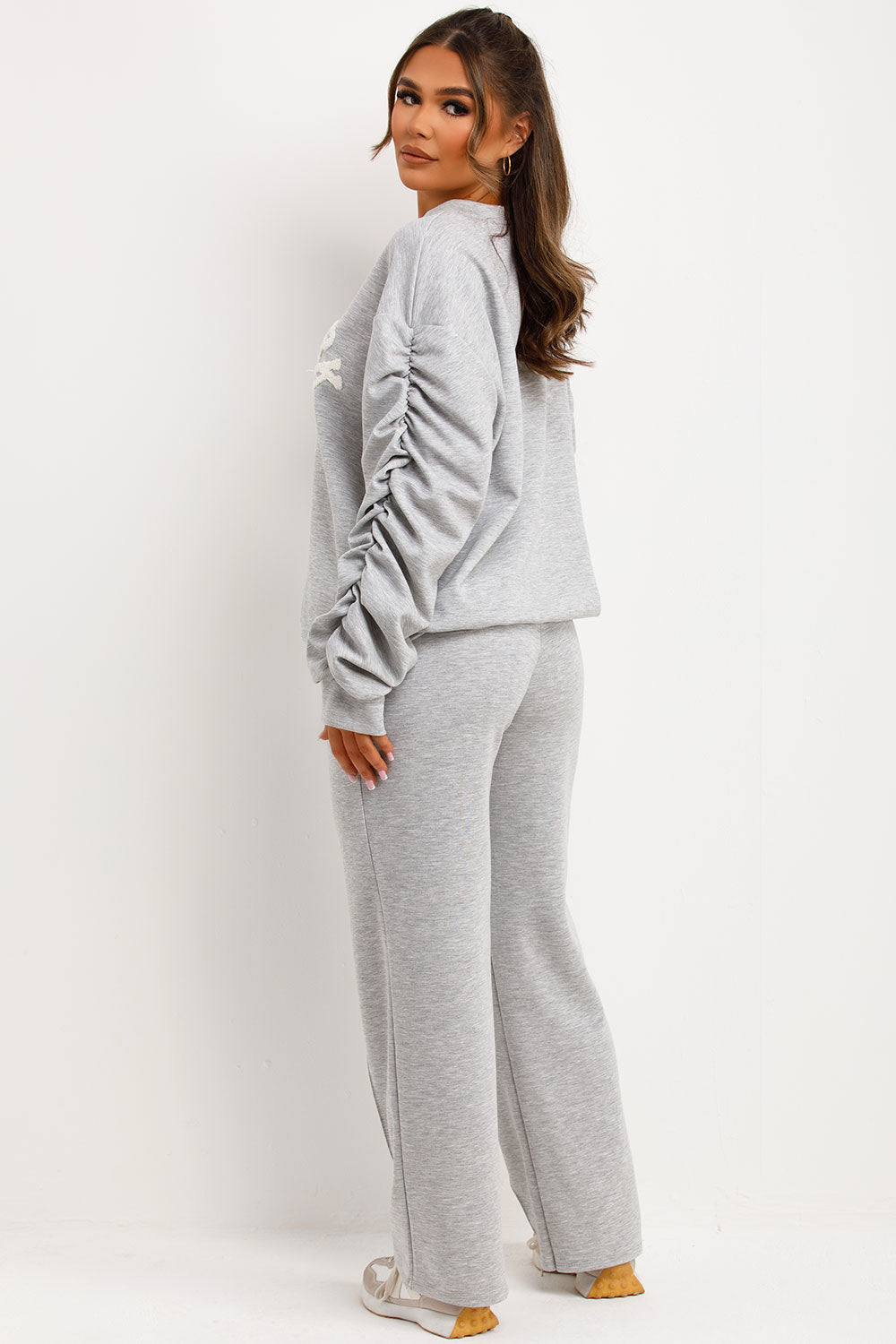 ruched gathered sleeve sweatshirt and trousers loungewear set womens airport outfit styledup