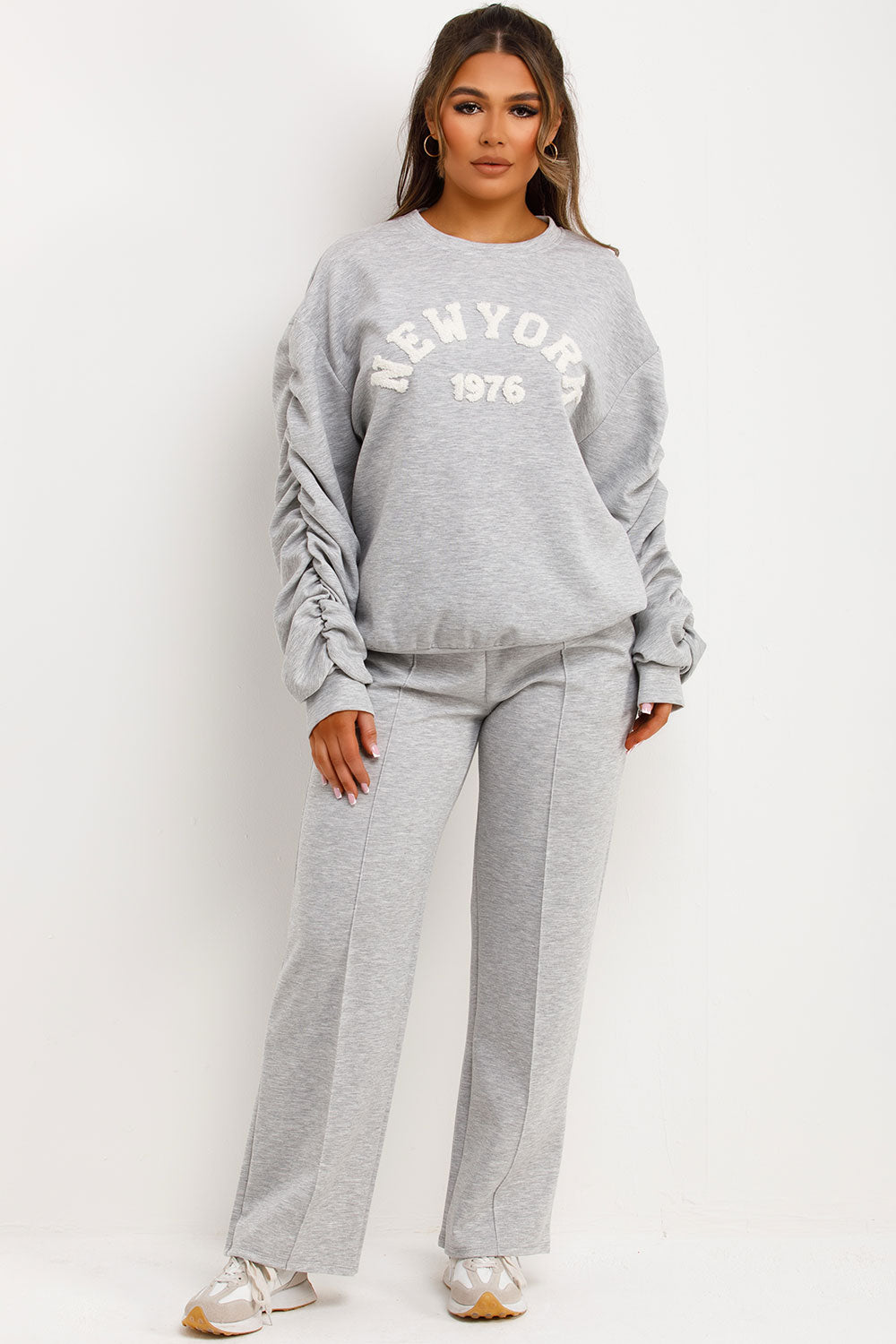 sweatshirt with ruched gathered sleeves and matching straight leg trousers loungewear set for womens grey