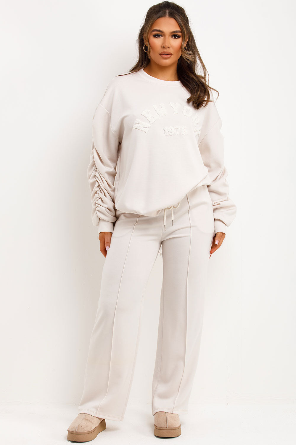 sweatshirt with ruched gathered sleeves and matching straight leg trousers loungewear set for womens oatmeal