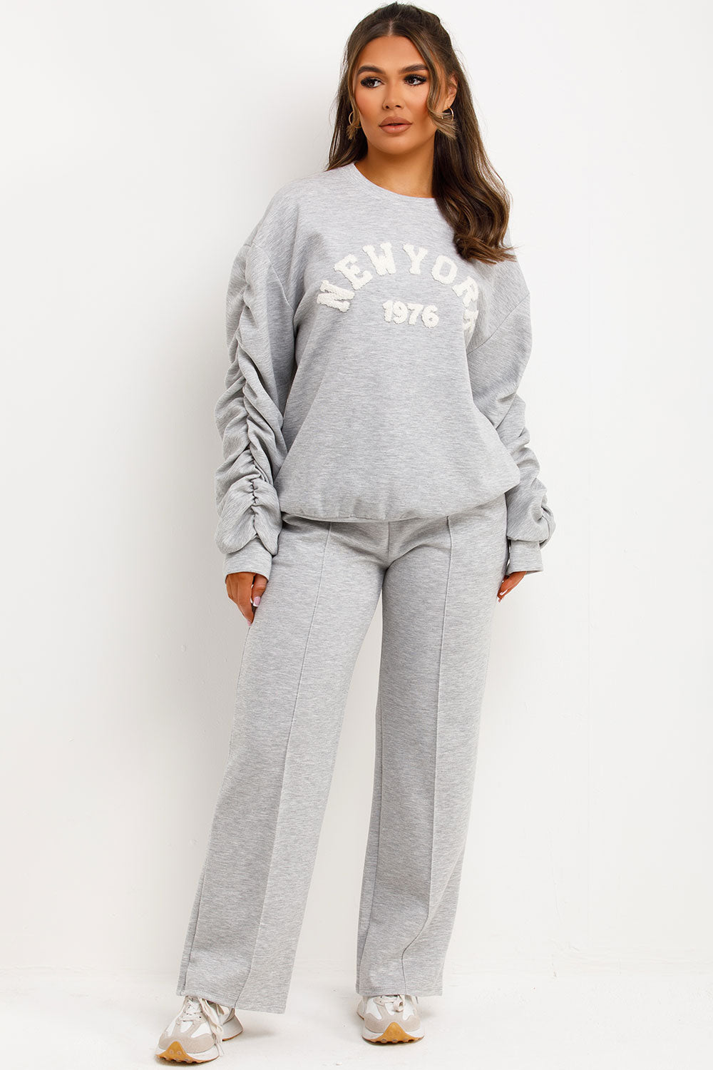 trousers and ruched sleeve sweatshirt top loungewear set grey for womens
