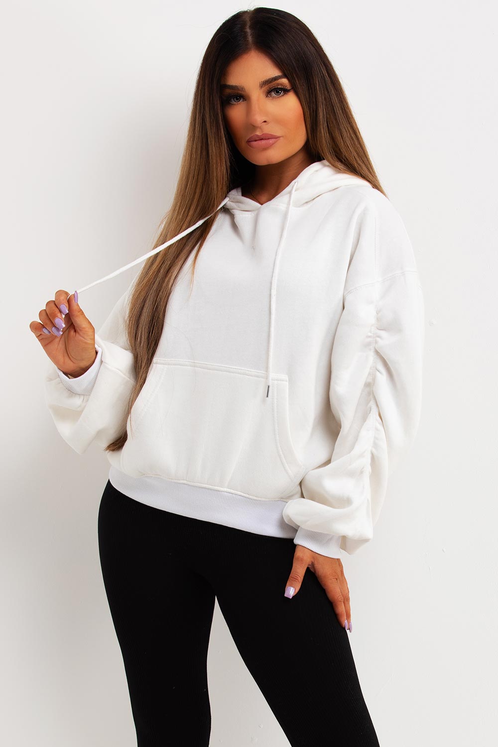 hooded sweathsirt with ruched gathered sleeves womens