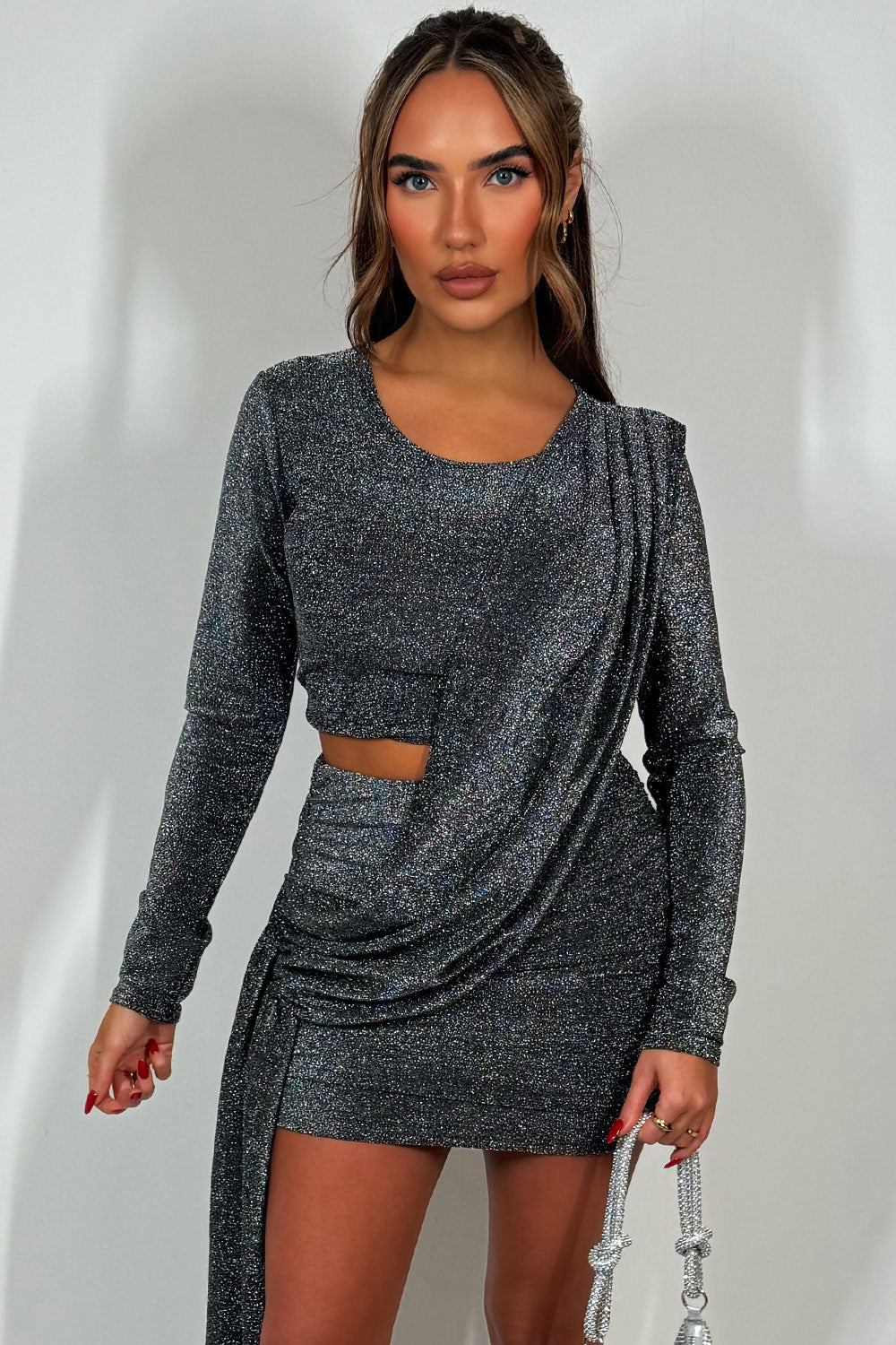 sparkly drape dress with long sleeves styledup christmas new year party outfit