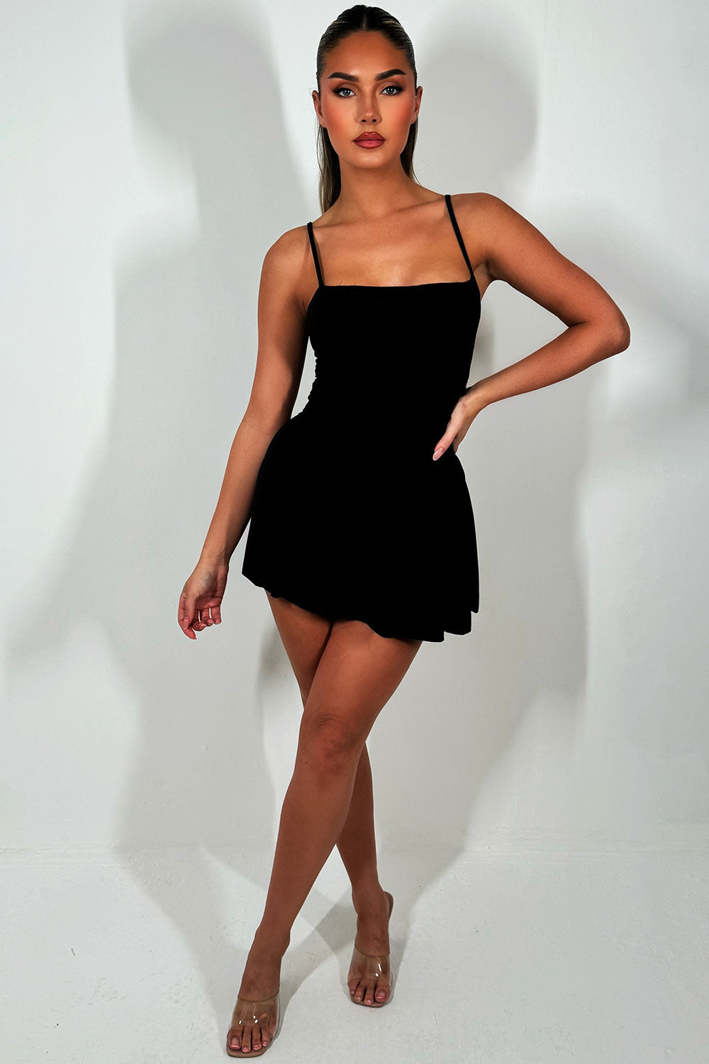 skater dress with square neck and pletaed boned bust detail styledup