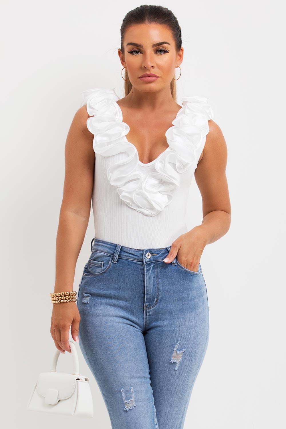 ribbed ruffle detail bodysuit top