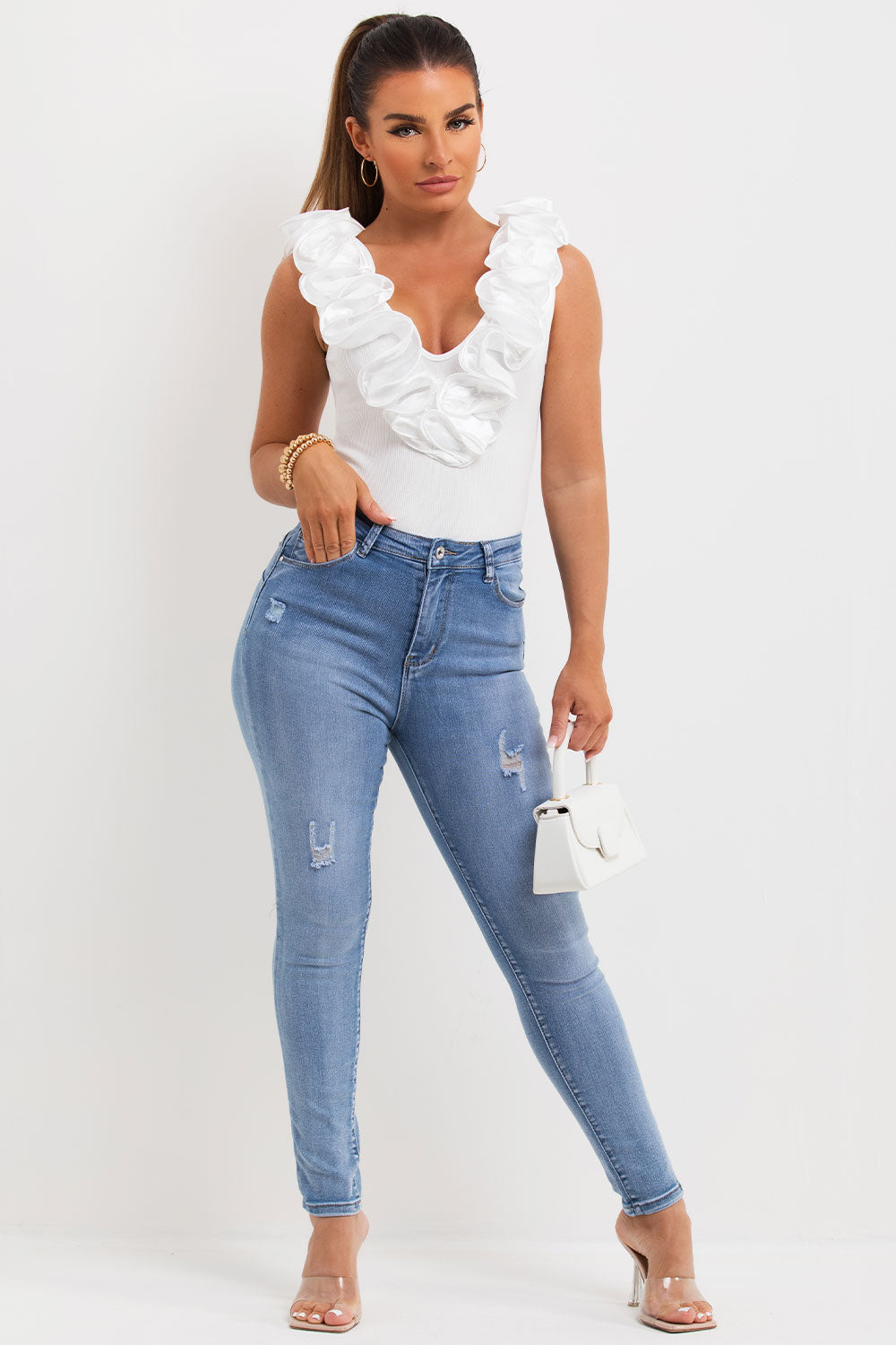 white ruffle detail bodysuit top