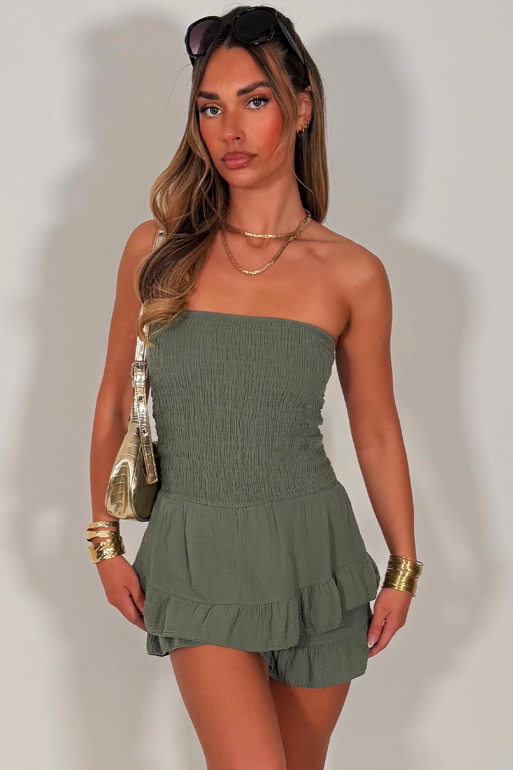 bandeau strapless playsuit summer holiday beach outfit khaki styledup uk white fox