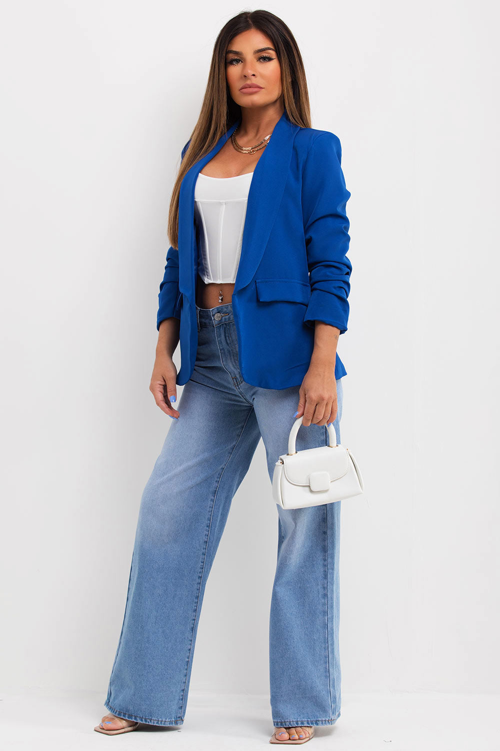 womens ruched sleeve blazer jacket