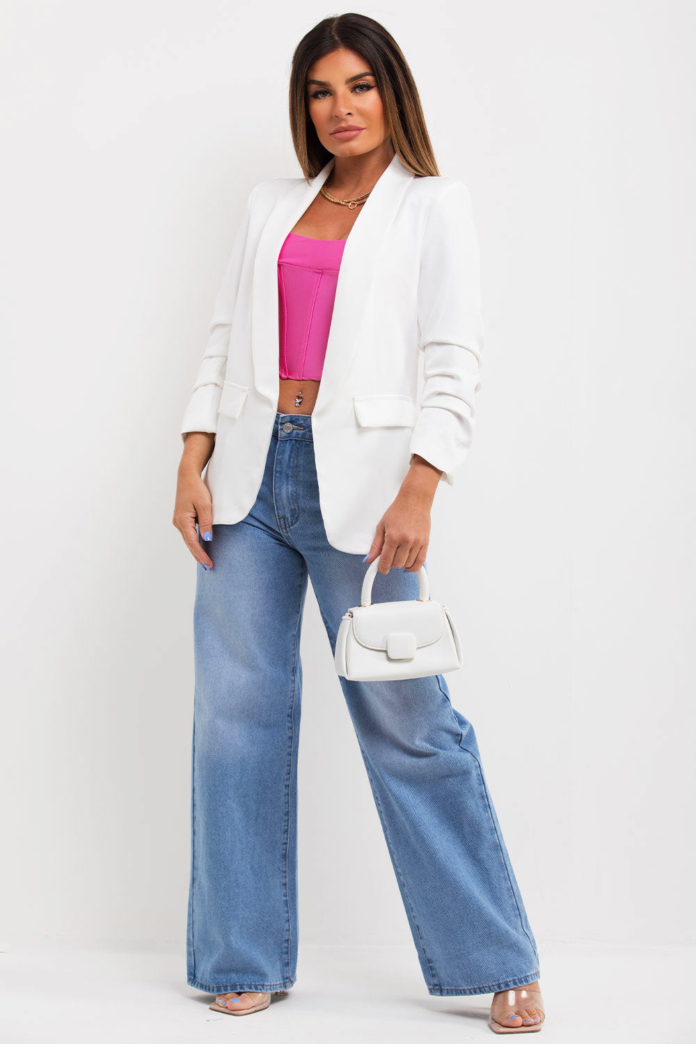 womens ruched sleeve blazer jacket