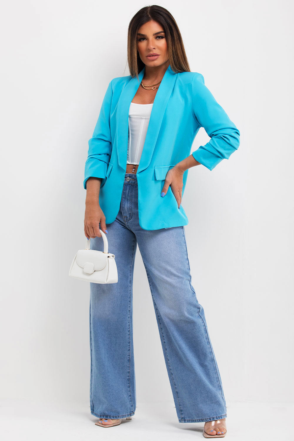 womens ruched sleeve blazer jacket