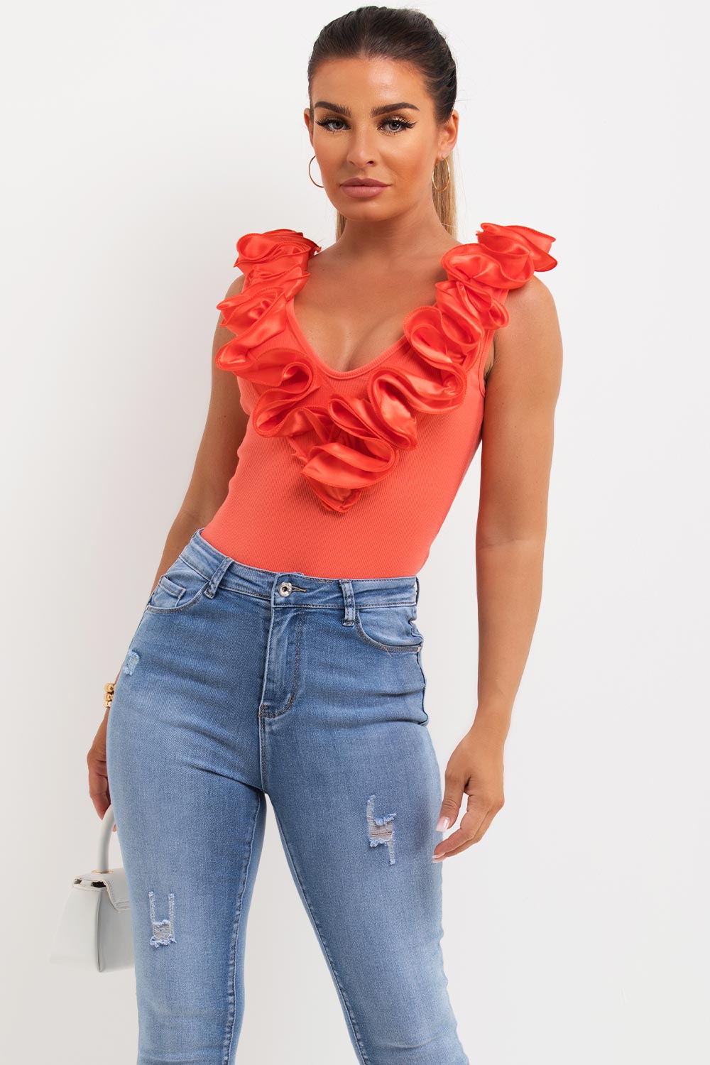 ruffle detail ribbed bodysuit top