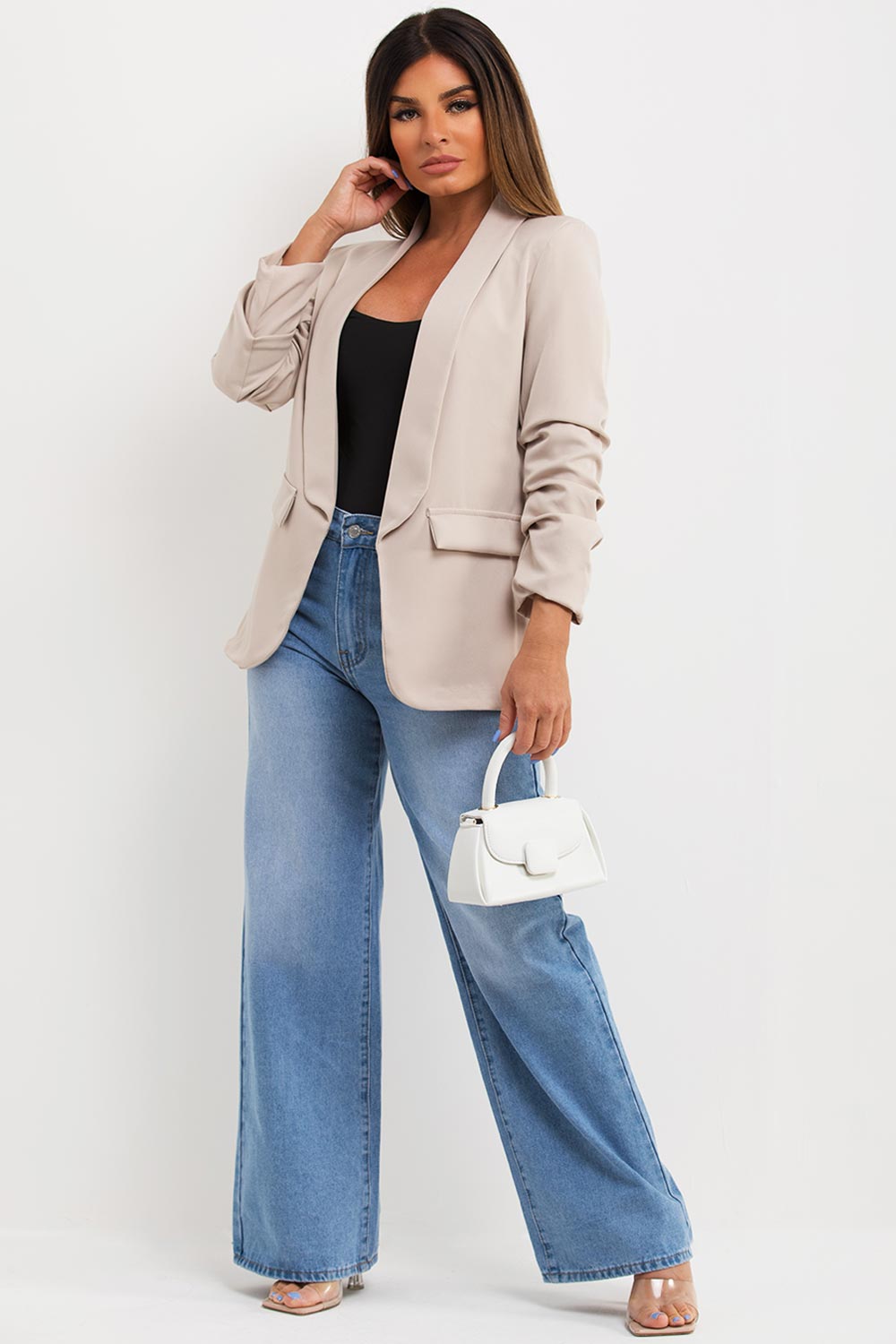 blazer with ruched sleeves