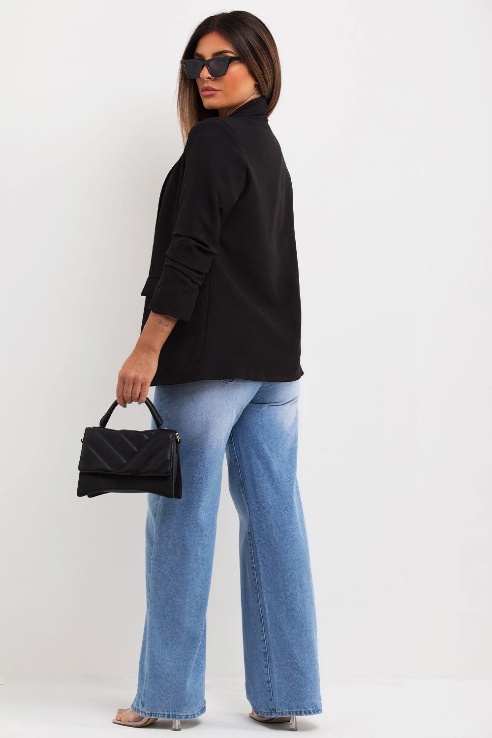 black ruched sleeve blazer womens