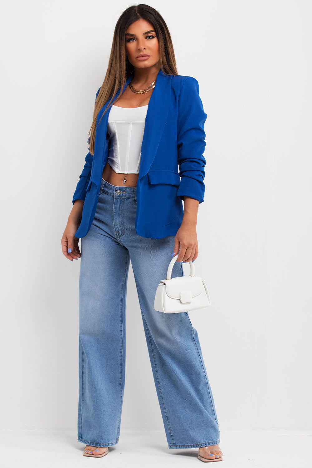 womens ruched sleeve blazer