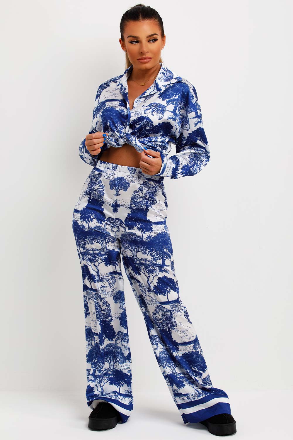 womens dior inspired satin shirt and trousers co ord set