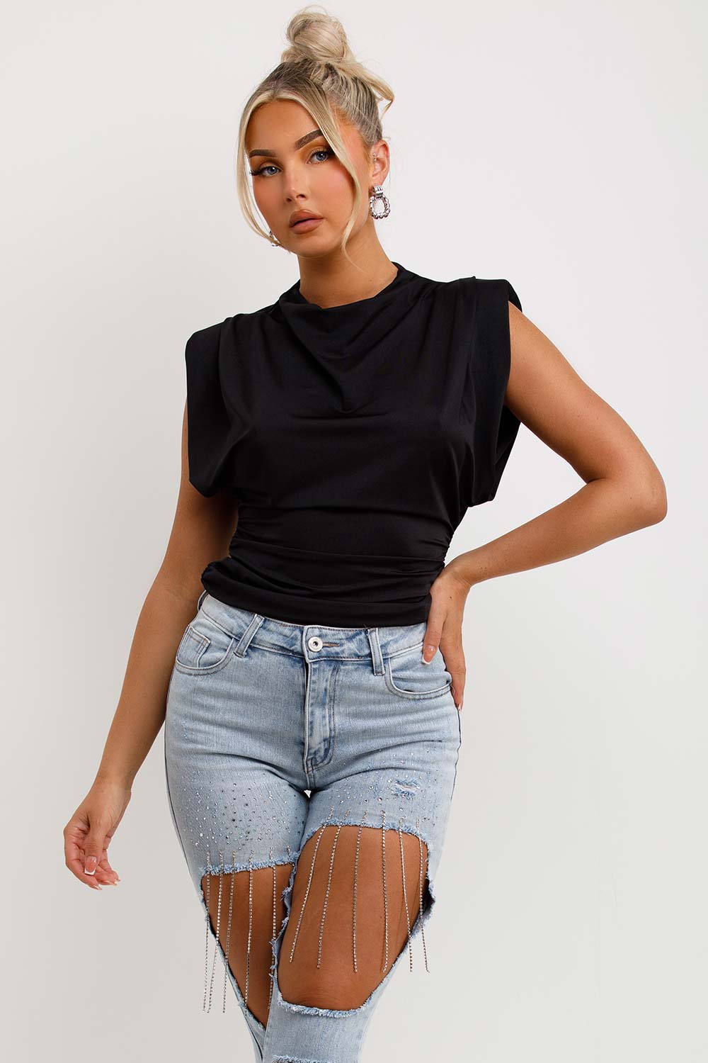 satin drape cowl neck shoulder pad top